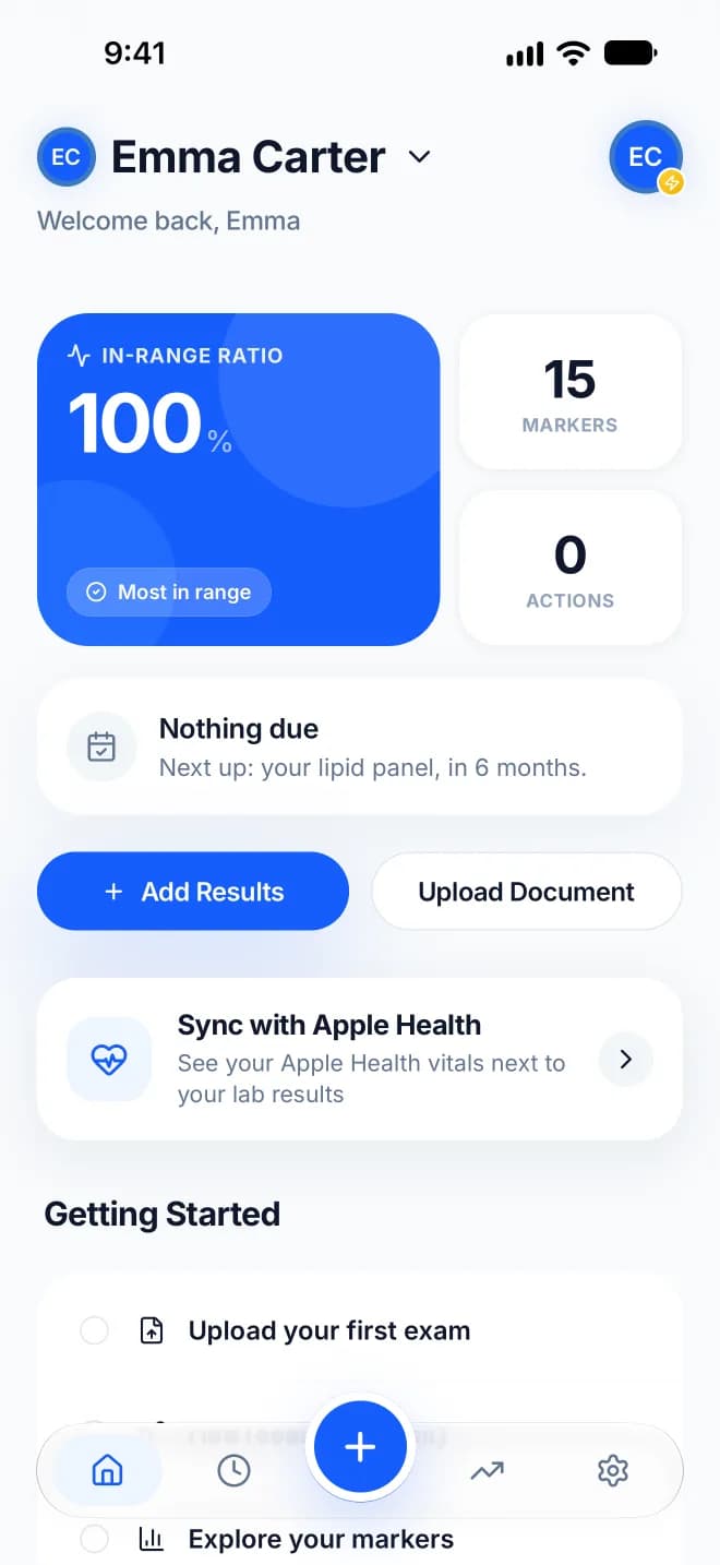 Bllod's Home screen: the share of markers in range, the marker count, and buttons to add results or upload a document
