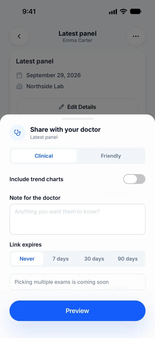 Bllod's Share with your doctor sheet: a clinical or friendly view, optional trend charts, a note for the doctor, and when the link expires