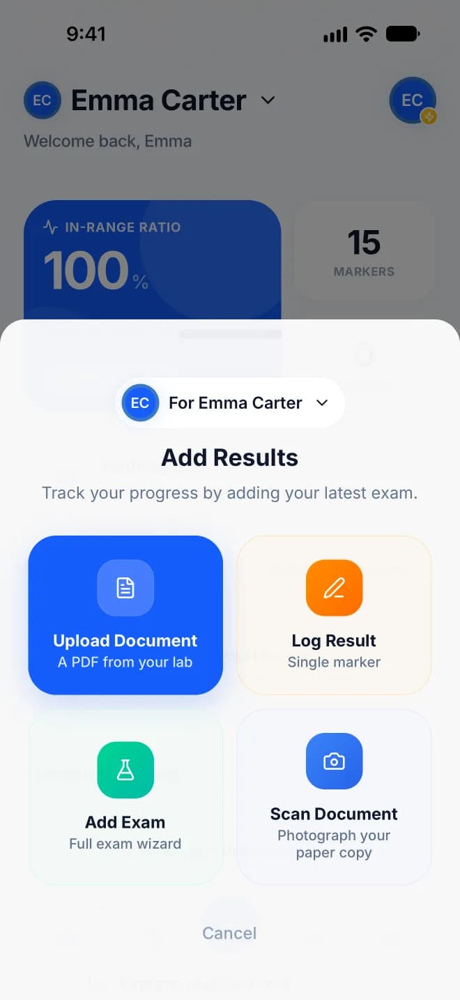 Bllod's Add Results sheet with four options: upload a PDF from your lab, log a single marker, add a full exam, or scan a paper copy